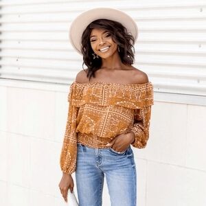 Bohemian Off-Shoulder Top in Mustard by PINK LILY